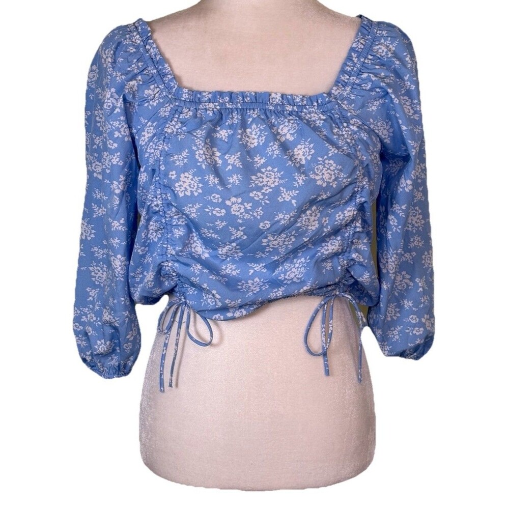 Women’s Coquette Blue Ditsy Floral Square Neck Puff Sleeve Ruched Tie Top Sz Lg